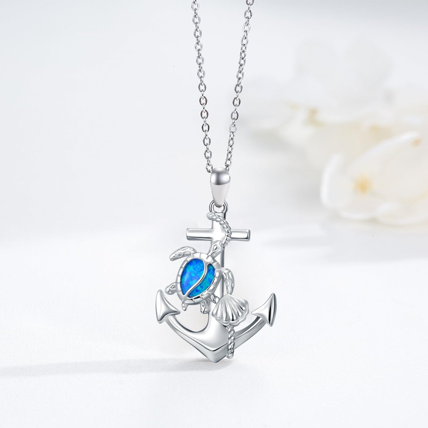 KoyeKei Sea Turtle Necklace Gifts for Women 925 Sterling Silver Anchor Sea Turtle Pendant Blue Opal Ocean N autical Jewelry Beach Seashell Graduation Gifts for Mom Wife Girlfriend Her