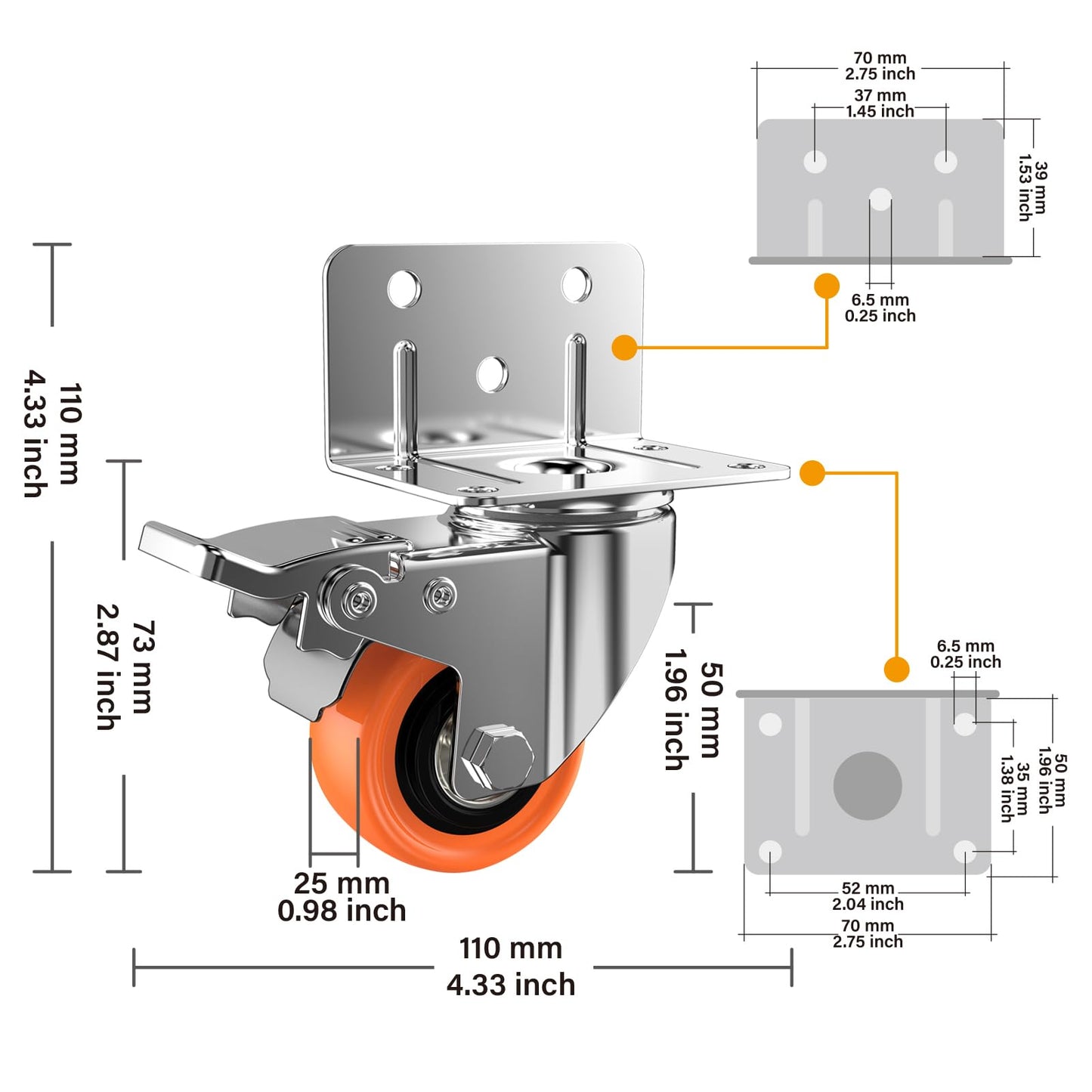 ASHGOOB 2inch L-Shaped Caster Wheels, Side Mount Casters Set of 16, Heavy Duty Casters with Brake, Double Bearing Locking Polyurethane(PU) Wheels for Baby Beds/Cabinets/Furniture（16 Pack