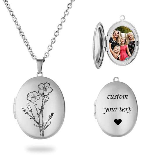 PHOCKSIN Silver Oval Locket Necklace 12 Birth Flowers Personalized Necklace that Holds Pictures Customized Gifts Locket Necklaces for Birthday