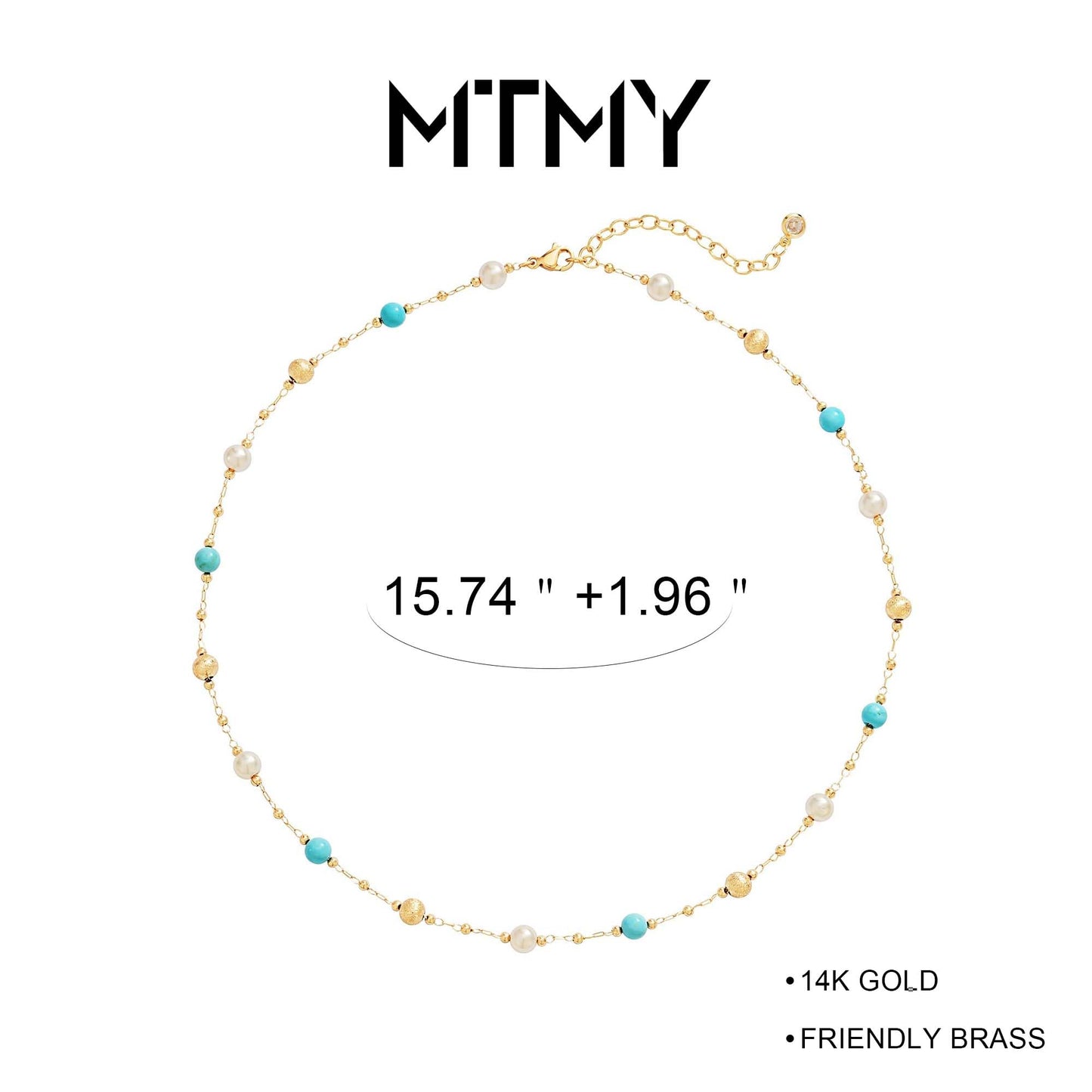 MTMY Beaded Necklaces for Women 14K Gold Plated Dainty Colorful Green/Rose Beaded Pearl Choker Necklace Delicate Boho Choker Necklace Jewelry Gift (turquoise pearl)
