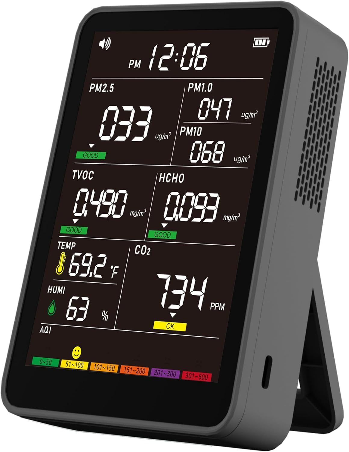 Professional Indoor Air Quality Monitor with AQI Alerts, Portable Real-Time Detector for Home, Car, Plants & Pet
