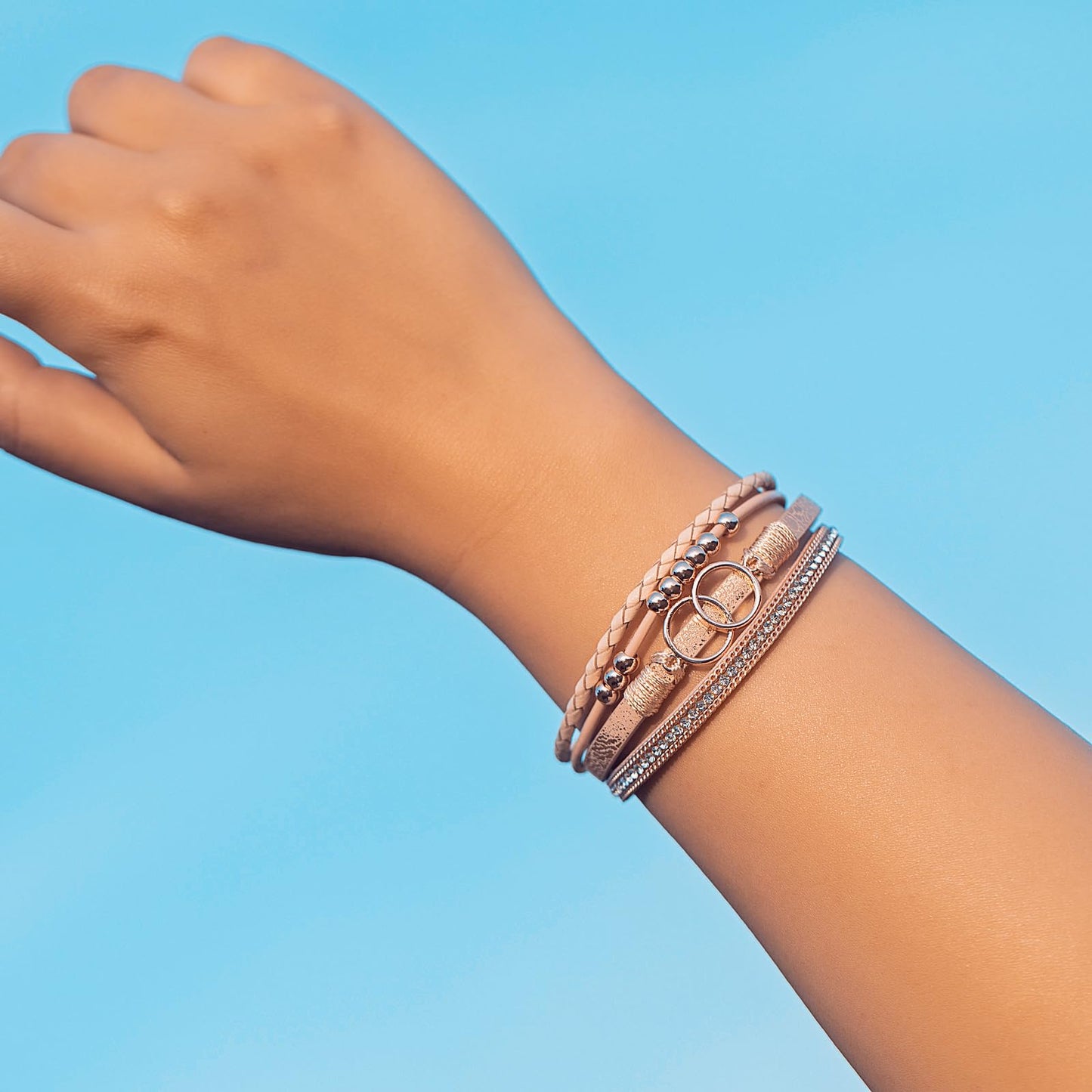 FANCY SHINY Boho Leather Wrap Bracelet Stackable Beaded Infinity Chunky Cuff Bracelets with Magnetic Clasp Western Hippie Outfits Jewelry Gifts for Women(Rose Gold)