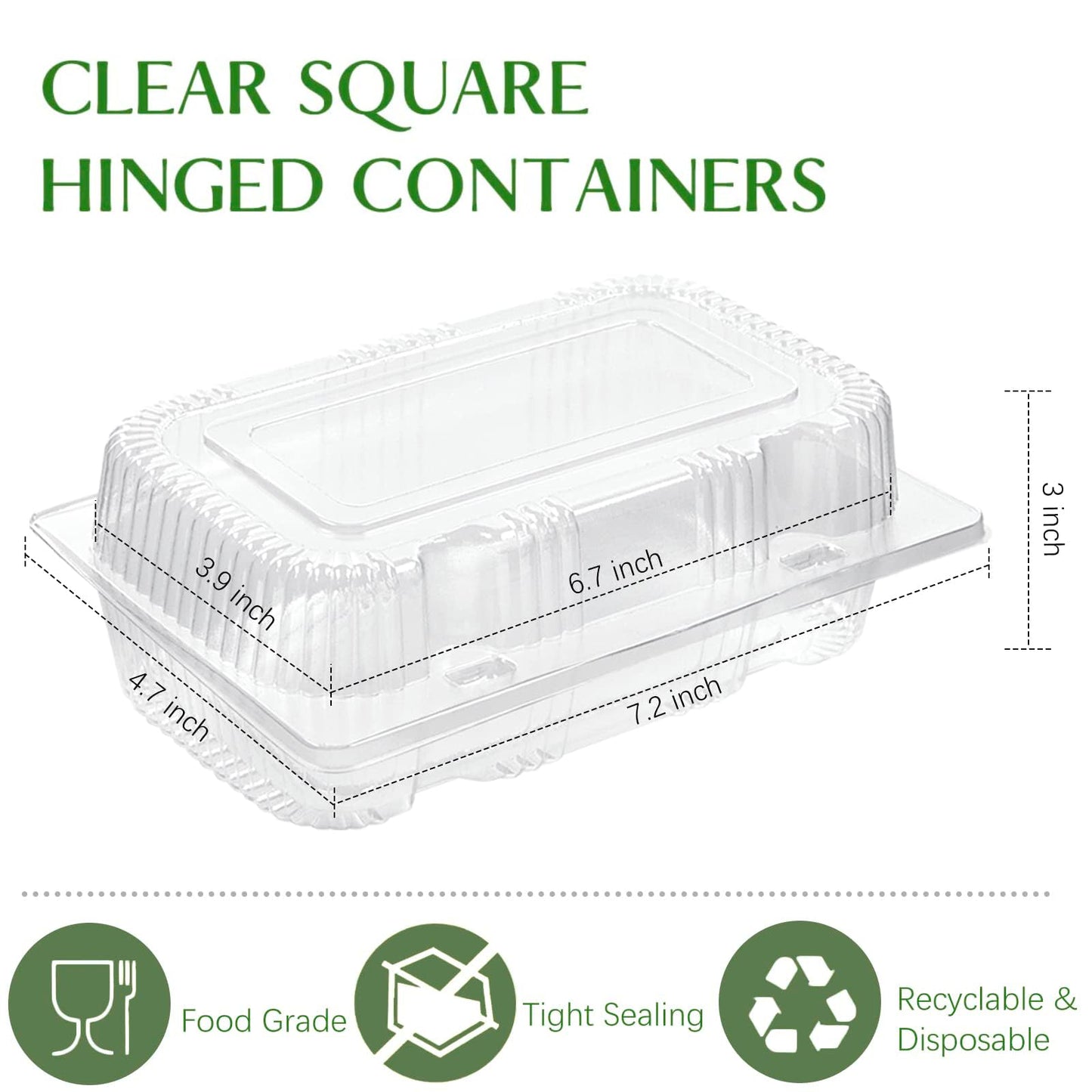 TOFLEN Disposable Sturdy Plastic Hinged Food Containers with Clear Lids (80 Pack) Clamshell Take Out Loaf Containers 7.2x4.7x3 Inches To Go Dessert Box Cake Slice Salad Pastry Sandwich Container
