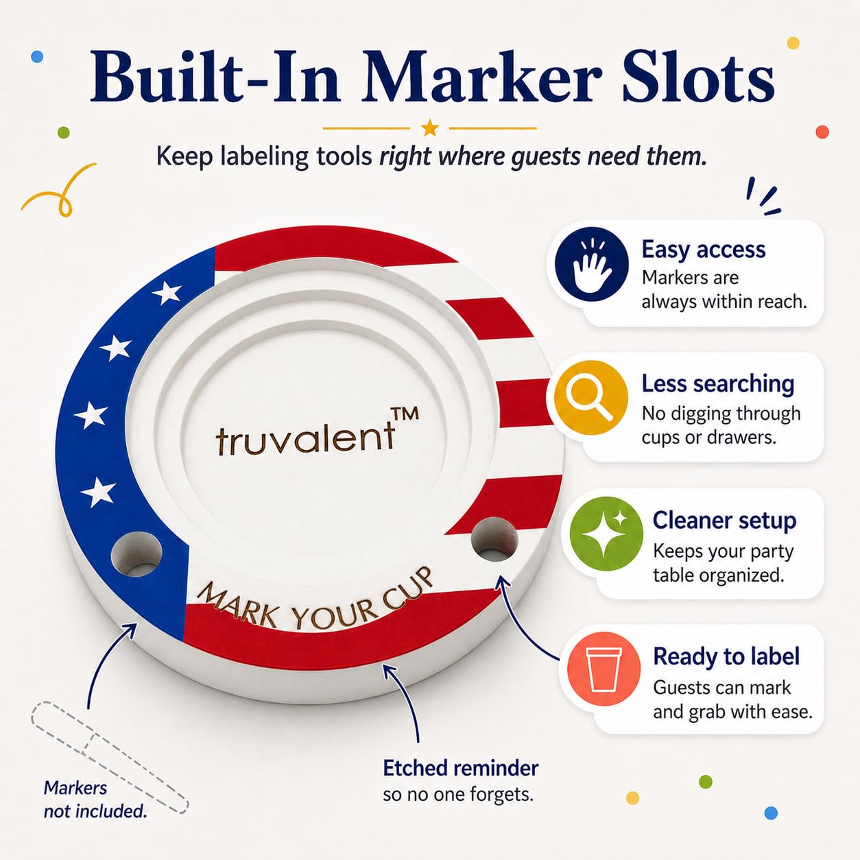 Party Cup Holder for 3-4" Cups - Hosting Essential to Prevent Mix-Ups & Reduce Waste - Sturdy Drink Organizer with Rubber Feet for Family Events - Cups & Markers Not Included (Patriotic Flag)