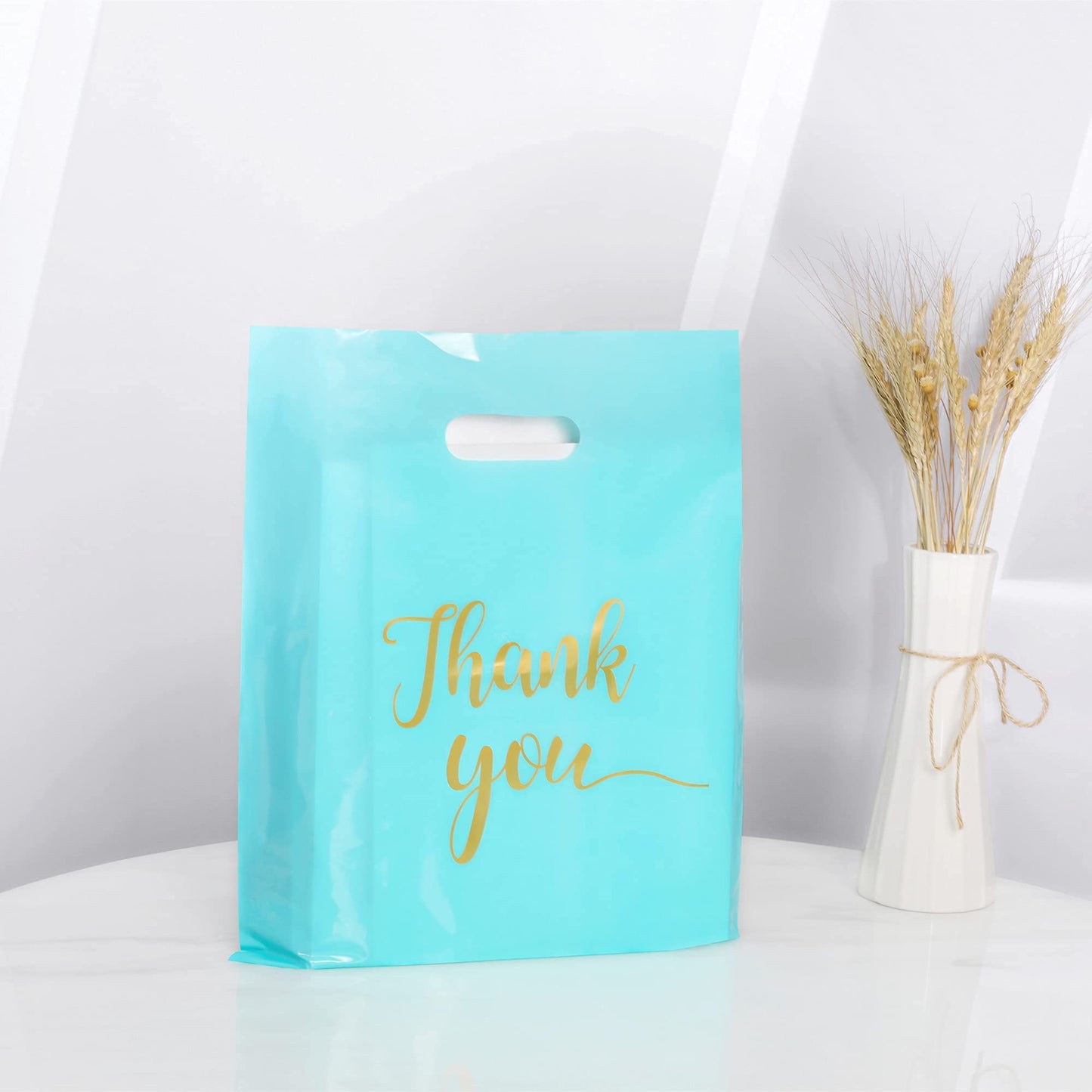 MUKOSEL 100Pcs Thank You Merchandise Bags, Extra Thick 2.36 Mil 12x15 In Retail Shopping Bags for Goodie bags Party Stores Boutique Clothes Business Gift, Reusable Plastic Bags with Handle (Blue)