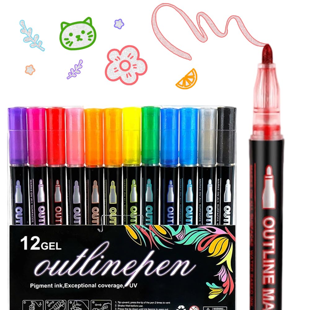 Marker Pen for Highlight, Outline Shimmer Markers Double Line Self-Outline Metallic Glitter Pens Super Squiggles Glitter Marker Set for Card Scrapbook Craft Arts Supplies(12)