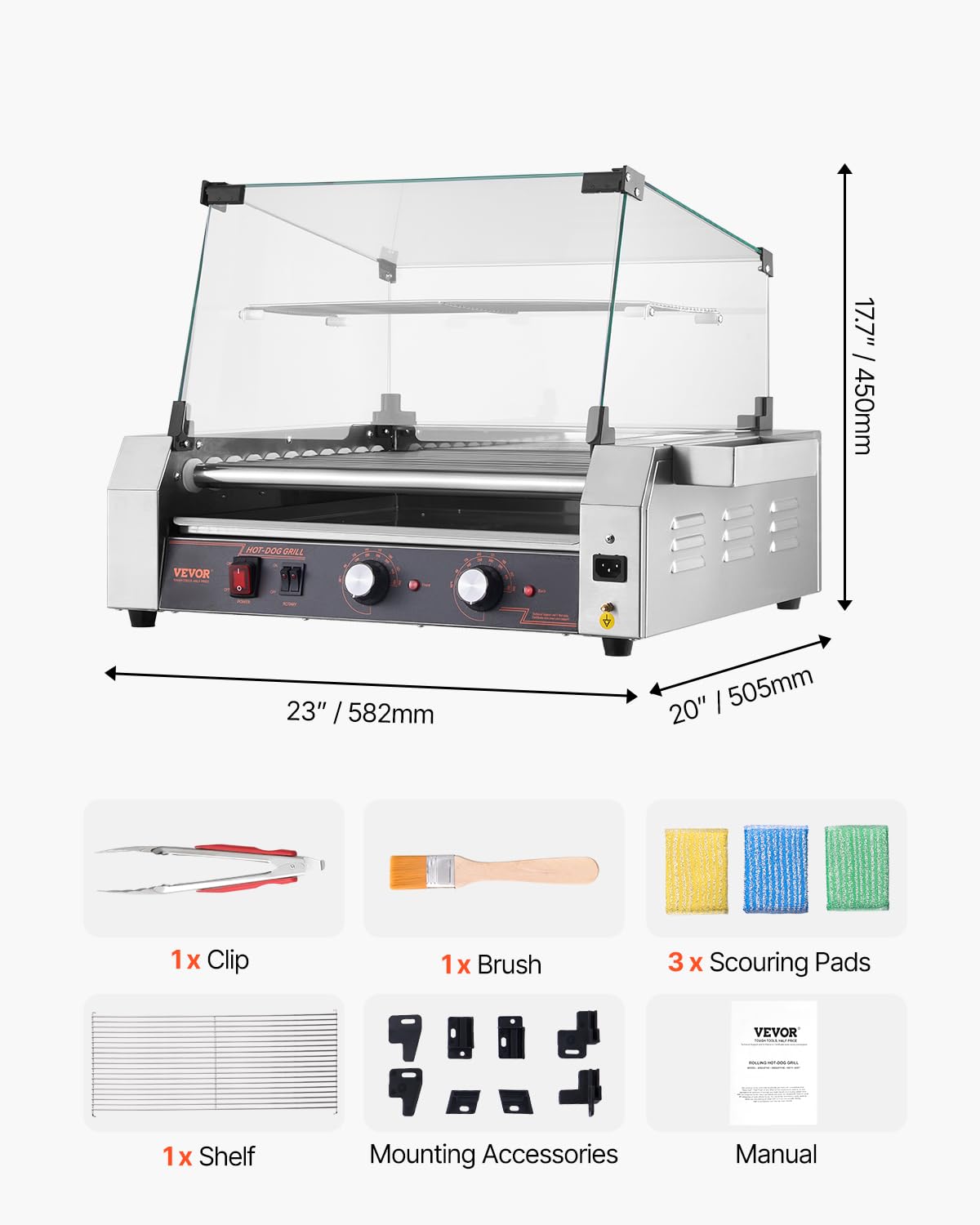 VEVOR Hot Dog Roller, 30 Hot Dog 11 Rollers, Stainless Steel Sausage Grill Cooker, 1600W Commercial Hot Dog Machine with Dual Temp Control, Cover, Side Storage Box, Removable Shelf & Oil Drip Tray