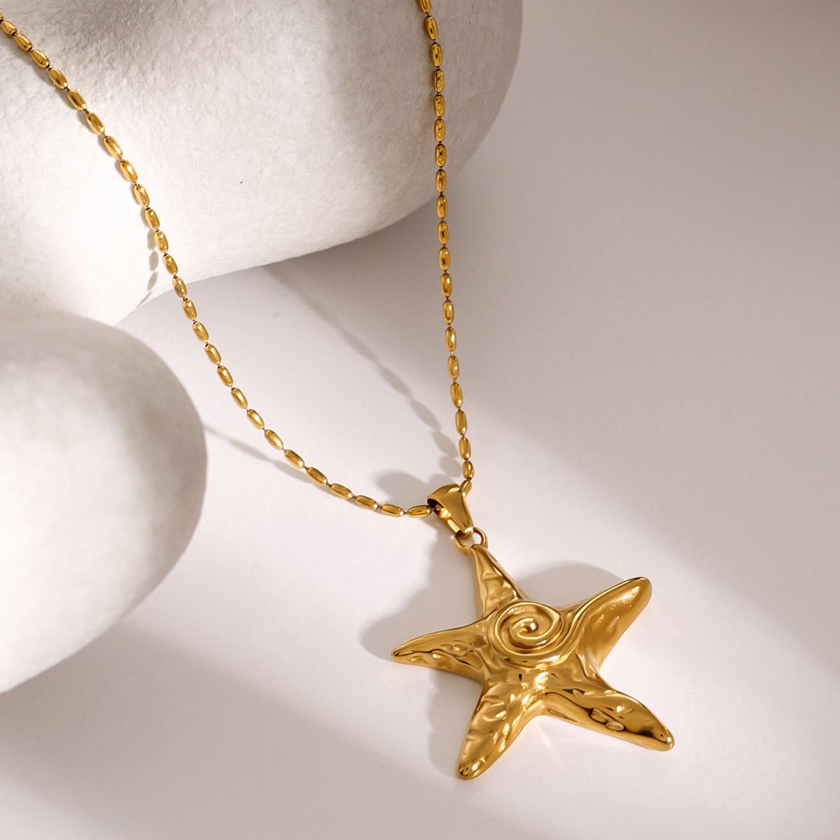 NUZON Large Gold Starfish Pendant Necklace for Women 18K Gold Plated Stainless Steel Sea Star Beaded Chain Necklace Boho Summer Beach Jewelry 18’’