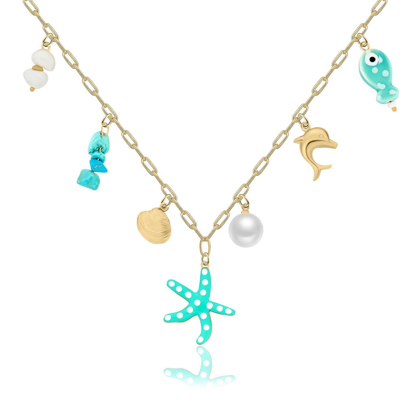 Chunky Gold Necklace Statement Boho Beach Ocean Summer Stainless Steel Jewelry Shell Starfish Turquoise Dolphin Pearl Sun Flower Wave Heart Fish Charm Choker Necklaces for Women(Teal)