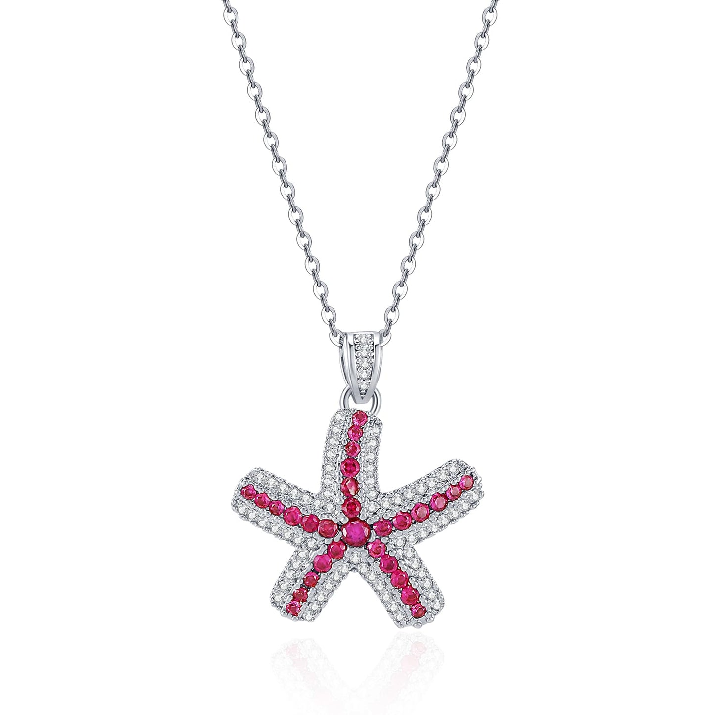 crataly Ruby And CZ Starfish Necklace For Women-Silver Plated July Birthstone Necklace For Valentine's Day Mother's Day Christams Birthday Gifts