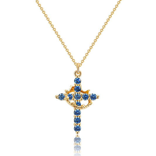 Robaice Birthstone Crown Cross Necklace for Women, Gold-Plated Christian Faith Necklace, Cross Jewelry Gift for Women, September Blue Sapphire Gift