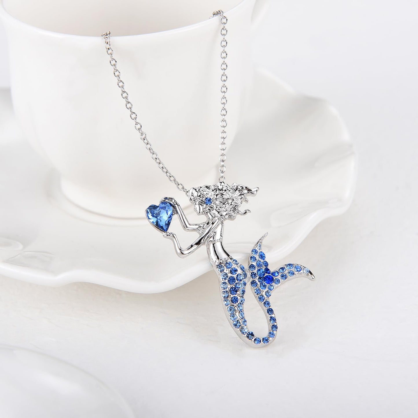 luomart Fashion Mermaid Birthstone Necklace Jewelry White Gold Plated Austrian Crystal Magic Pendant Gift (Blue)