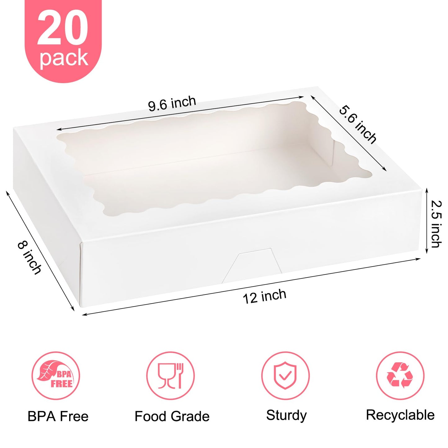 Kucoele 20 PCS Bakery Boxes with Window, 12 x 8 x 2.5 Inches Pastry Boxes Auto-Popup Treat Boxes for Chocolate Covered Strawberries, Cookies, Muffins, Donuts, Breakable Hearts