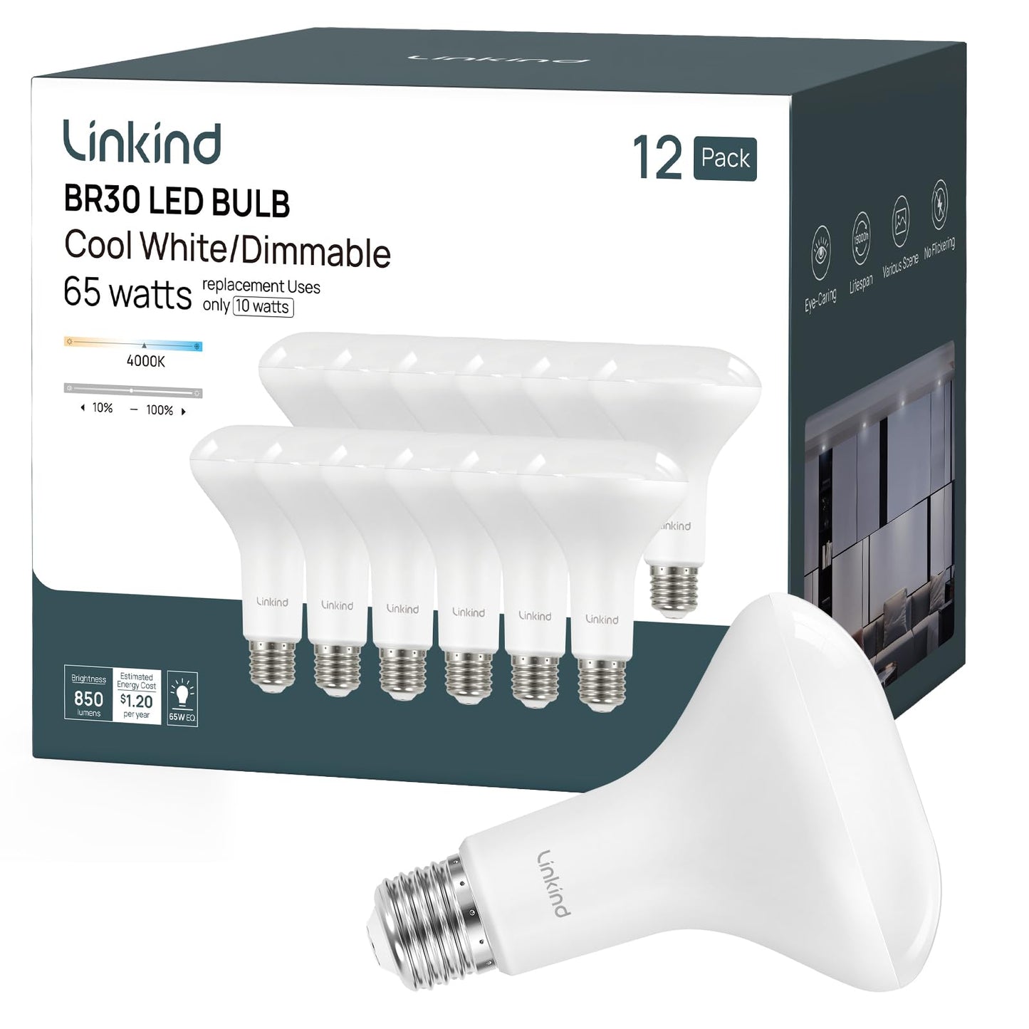 Linkind BR30 LED Flood Light Bulbs Indoor, 65W Equivalent Dimmable LED Recessed Bulbs, 10W 850 Lumens, 4000K Cool White E26, UL FCC Certified, Recessed Can Light Bulb for Bedroom Bathroom, 12 Packs