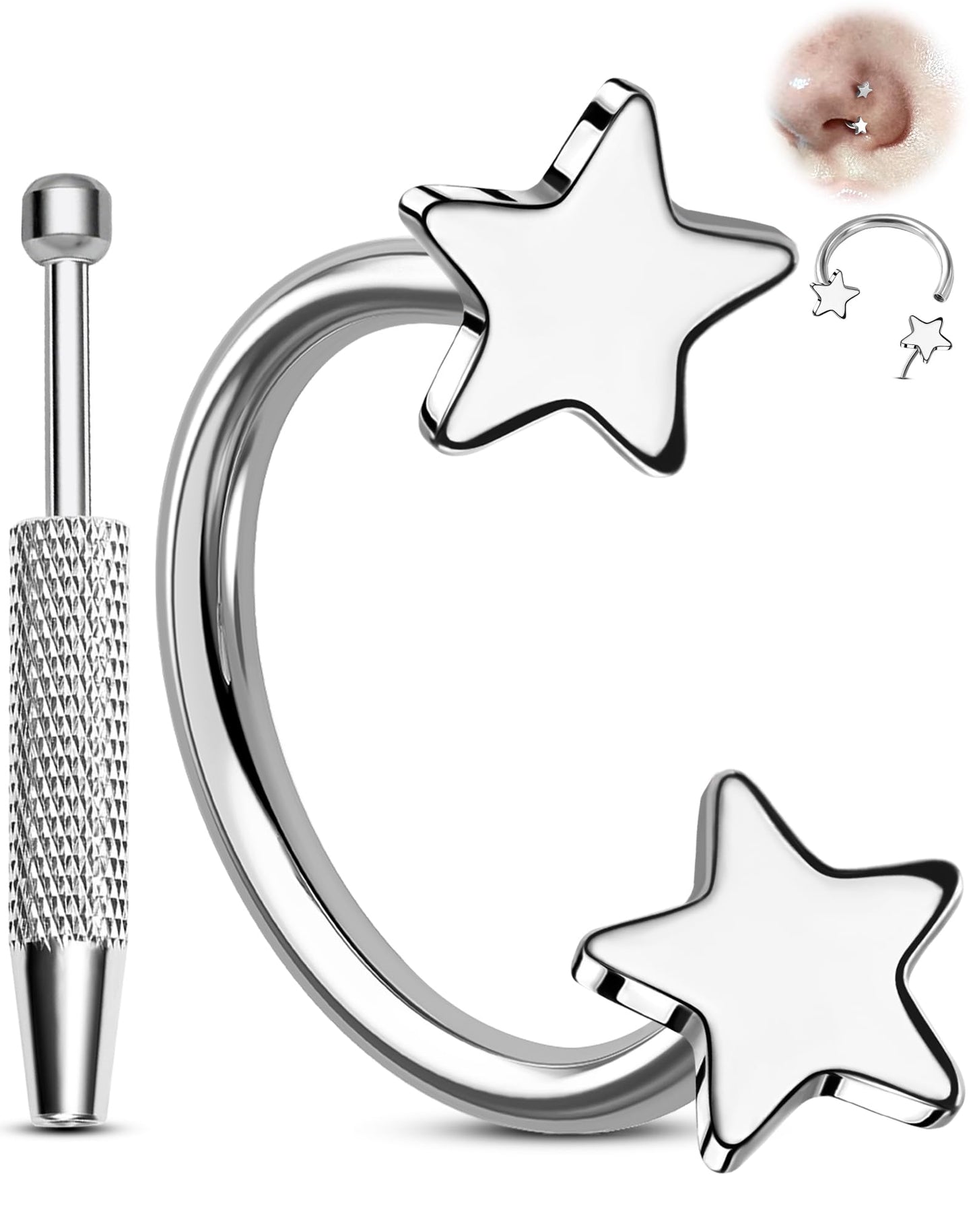 Melighting 20G Horseshoe Nose Rings Hoop, Threadless Nose Piercing with Piercing Taper Ball Grabber Tool 316L Stainless Steel, Star Septum Lip Helix Rook Piercing Jewelry for Women 8 mm