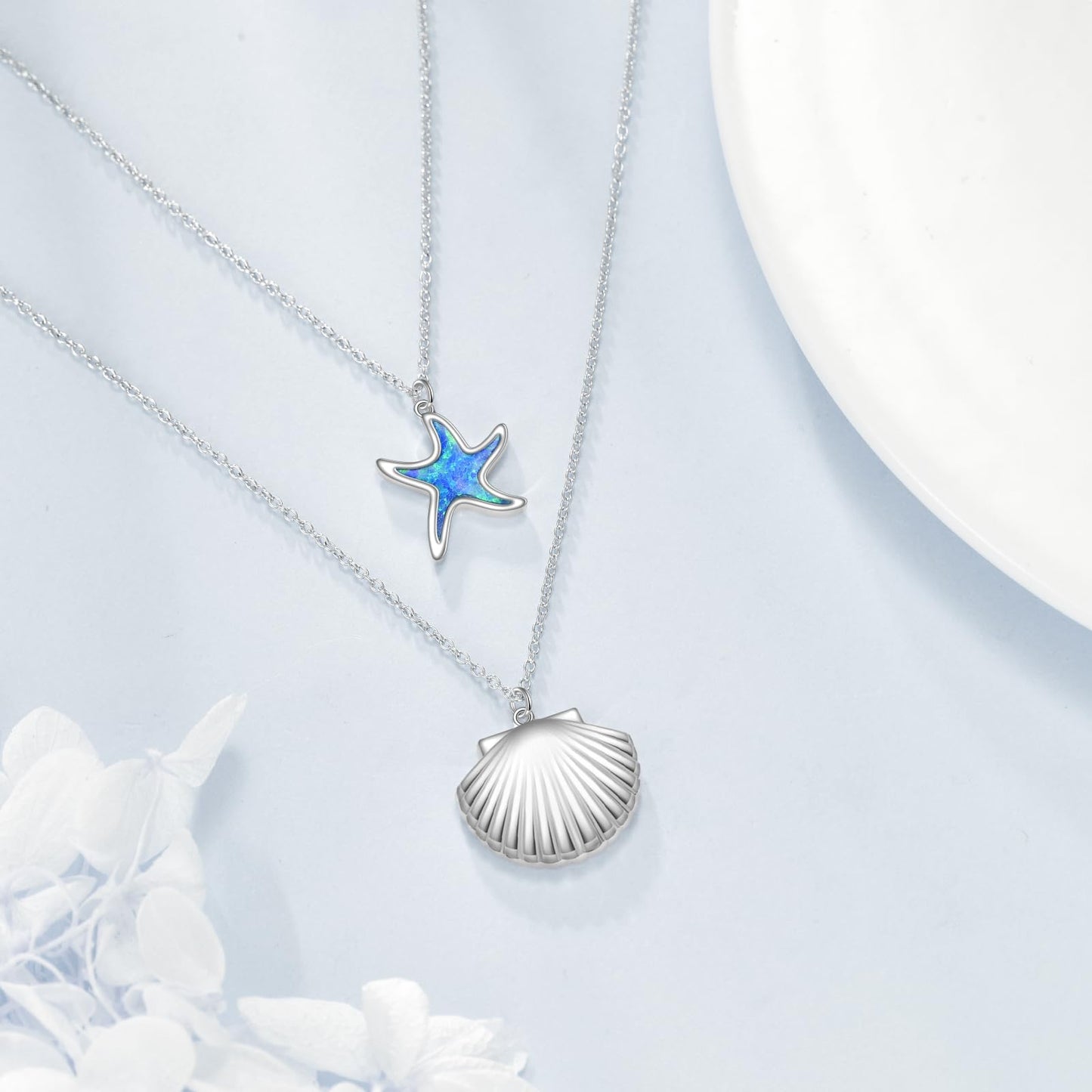LUHE Starfish Necklace Sterling Silver Shell Pendant Blue Opal Sea shell Jewelry Ocean Necklace Gift for Women