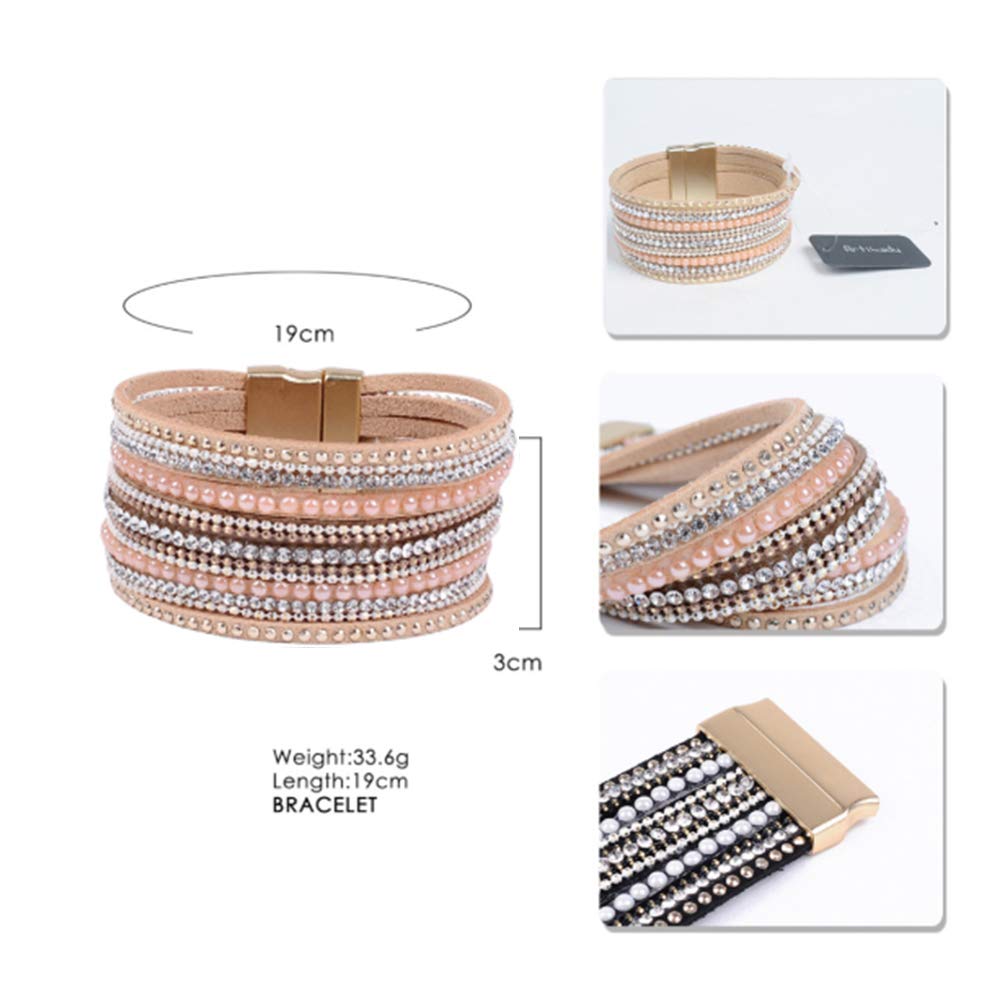 Artilady Leather Bracelet for Women-Boho Wrap Cuff Bracelets Multi Layered Crystal Bead Bangle Bracelets With Magnetic Clasp Jewelry for Women