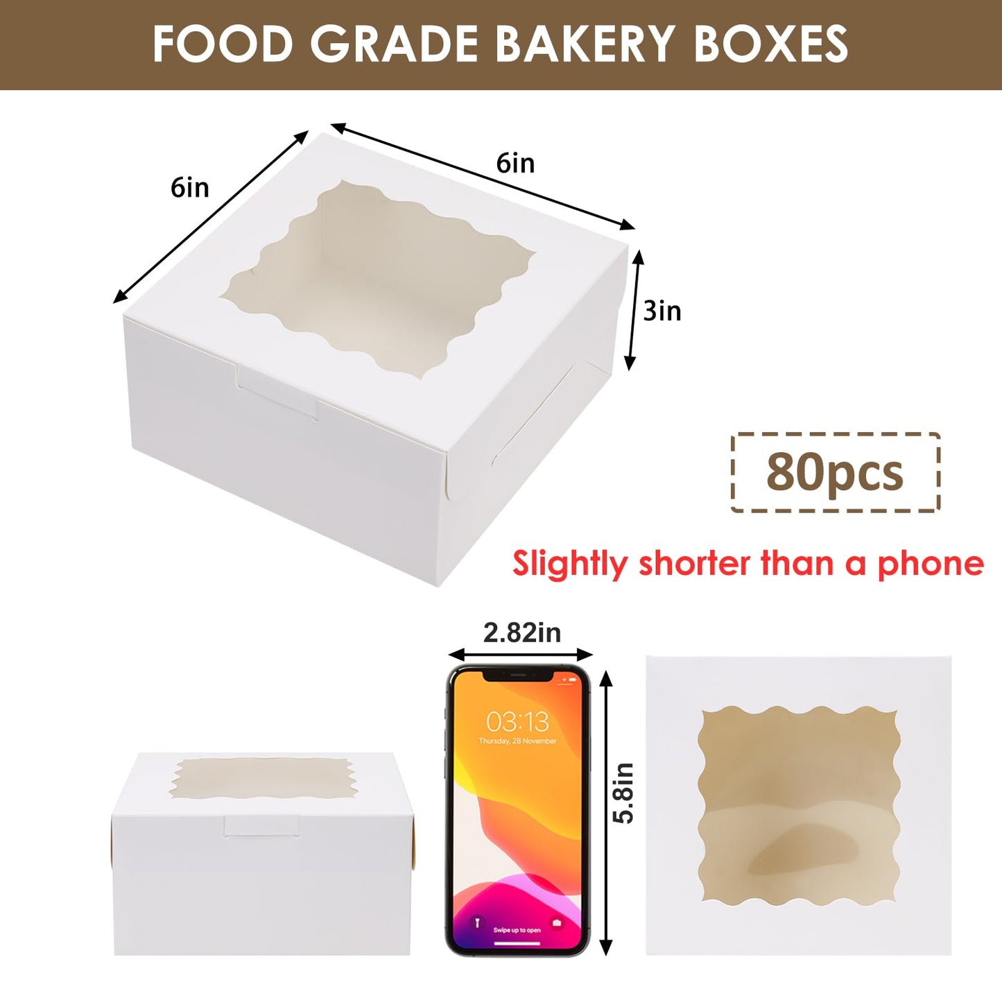 Moretoes 80pcs 6x6x3 Inches Bakery Boxes, Cookie Boxes with Window, Small Treat Containers for Pastries, Chocolate Covered Strawberries, Macarons, Cupcakes, Goodies, Donuts,White