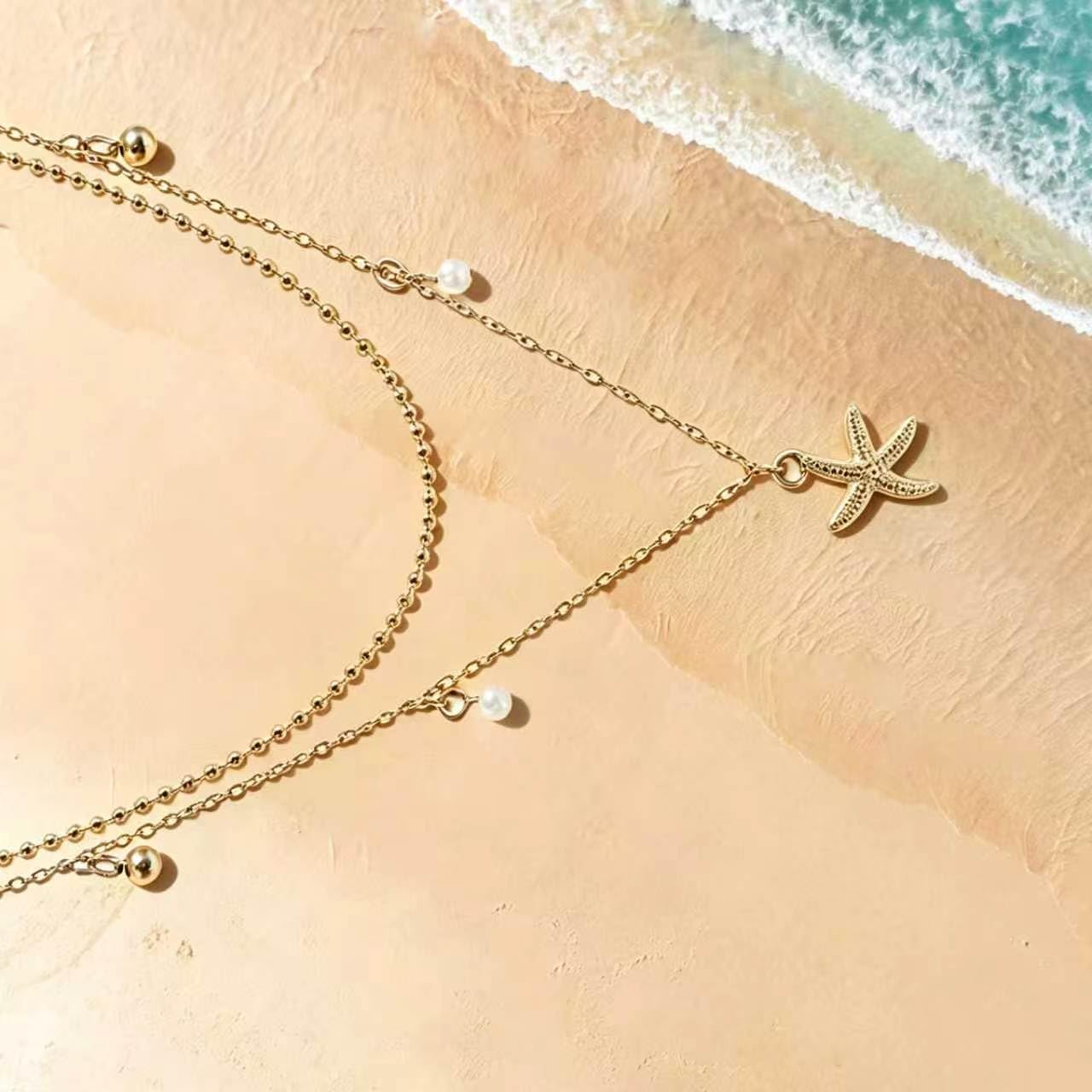 Starfish Shell Necklace for Women,14k Gold Plated Silver Layered SeaShell Pearl Pendant Charm Necklaces Dainty Non Tarnish Adjustable Waterproof Beaded Necklace Stack Jewelry for Summer Beach Vacation (Gold Starfish Necklace)