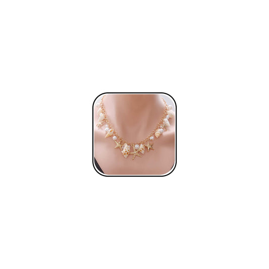 Beach Necklaces for Women Shell Starfish Necklace for Women Gold Plated Boho Layered Pendant Necklace with Pearl Conch Charm Dainty Summer Dress Beach Vacation Jewelry Gifts