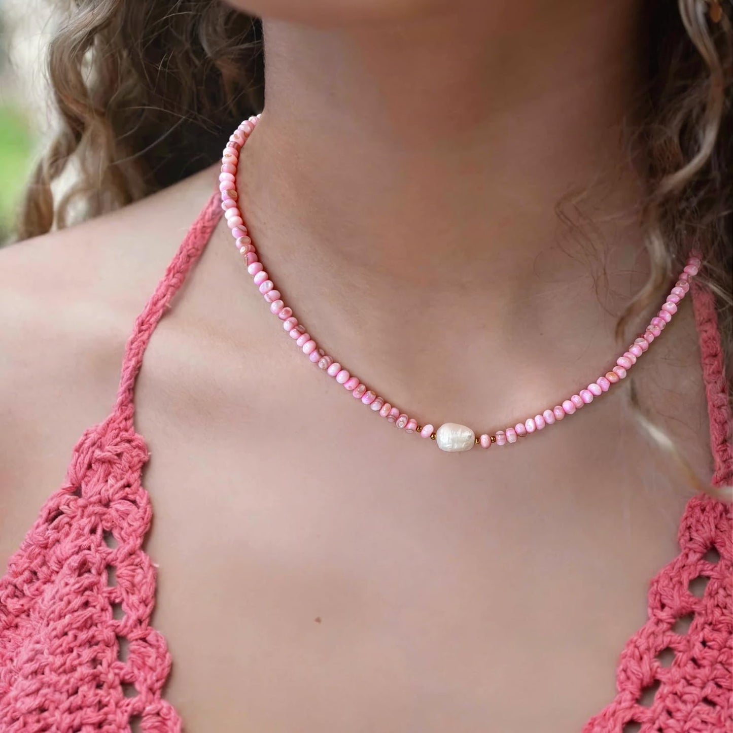 ERNAULO Beaded Necklaces for Women Seashell Beach Necklace with Freshwater Pearl 14K Gold Plated Boho Summer Handmade Jewelry CK-Seashell-lightpink