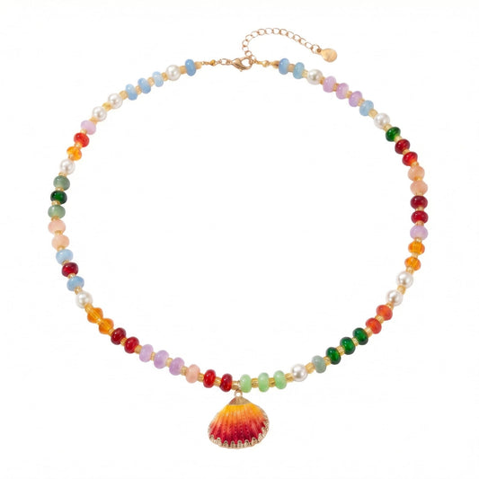 Frigotine Colorful Beaded Pearl Necklace for Women, Cute Orange Shell Pendant Trendy Summer Beach Boho Jewelry Gift