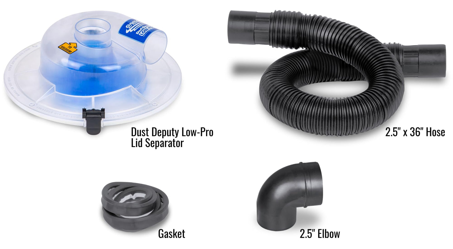 Dust Deputy Low-Pro Plus Cyclone Dust Separator – Engineered High Flow Wet/Dry Vacuum Kit – Fits Standard 5 Gallon Buckets – 2.5" Adapter & 3' Hose – Made in USA