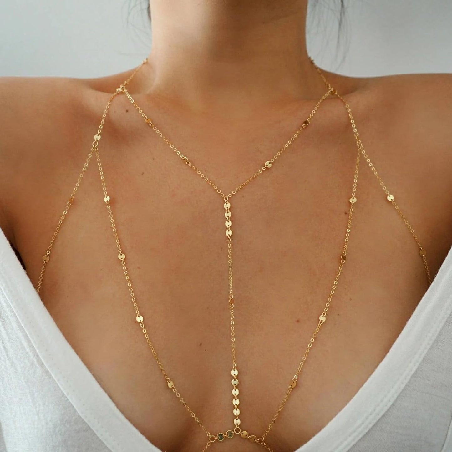 14K Gold Plated Body Chains for Women, Sexy Layered Belly Waist Chain Crossover Bikini Bra Chain, Summer Beach Rhinestone Body Jewelry(Sequins)