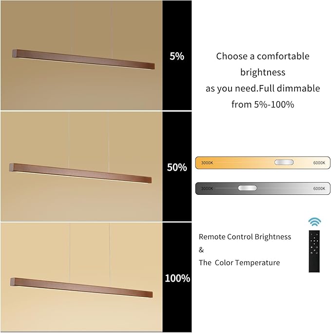 59" Wood Linear Pendant Light Fixtures Modern Led 40w Dimmable Pendant Lighting Kitchen Island Lighting Ceiling Hanging Farmhouse Chandeliers for Dining Room Pool Table Walnut Color
