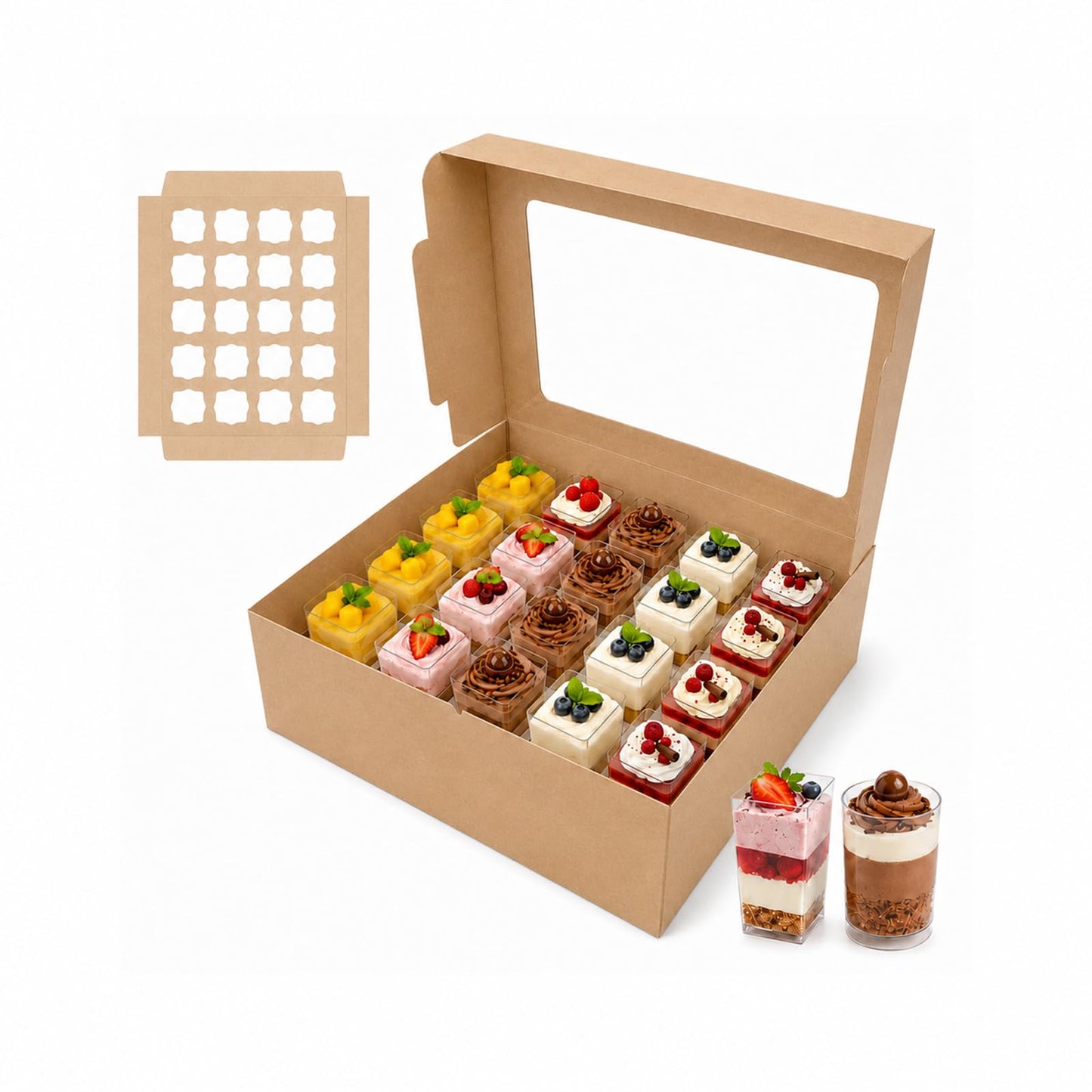 JRWTY Dessert Shooter Boxes 5 Pack, Each Box Holds 20 Count 5 oz Dessert Shooter Cups, Food-Grade Dessert Cup Holder Boxes with Inserts, Dessert Shooter Box Packaging for Parties, Catering (Brown)