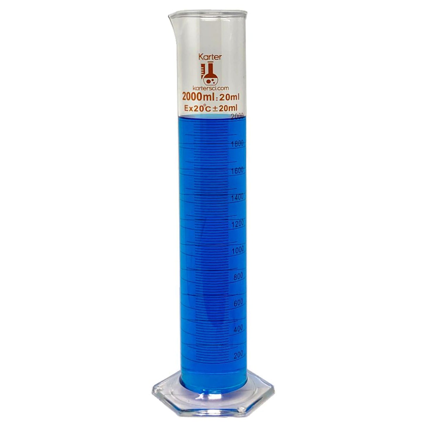 2000ml Graduated Cylinder, Borosilicate 3.3 Glass, Single Metric Scale, Karter Scientific 213I16 (Single)
