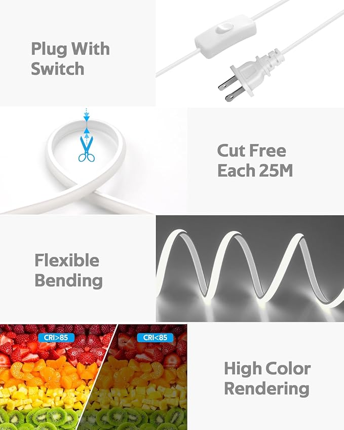 65.6FT COB LED Strip Light Waterproof One Roll 6000K Daylight White LED Rope Lights for Bedroom Plug in with Switch AC 110~120V 288Leds/M High Density LED Tape Lights Outdoor for Garden Decor