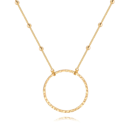 PERNNLA PEARL 18K Gold Circle Pendant Ncklace for Women Dainty Long Satellite Bead Chain Necklaces Statement Hammered Handmade Sweater Chain Y Necklaces 31”