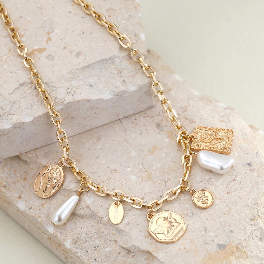 BONJOULRY Gold Charm Necklace for Women White Pearl Choker Head Portrait Square Pendant Necklace Boho Charm Necklaces Jewelry