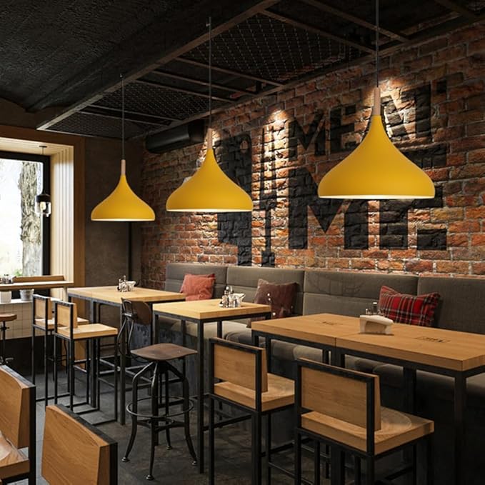 Creative Colorful Wood Metal Pendant Light, Nordic Modern Hanging Light Fixture, Single Rustic Farmhouse Pendant Lamp, Simple Retro Pendant Lighting for Kitchen Island Dining Table (Yellow,16.5in)
