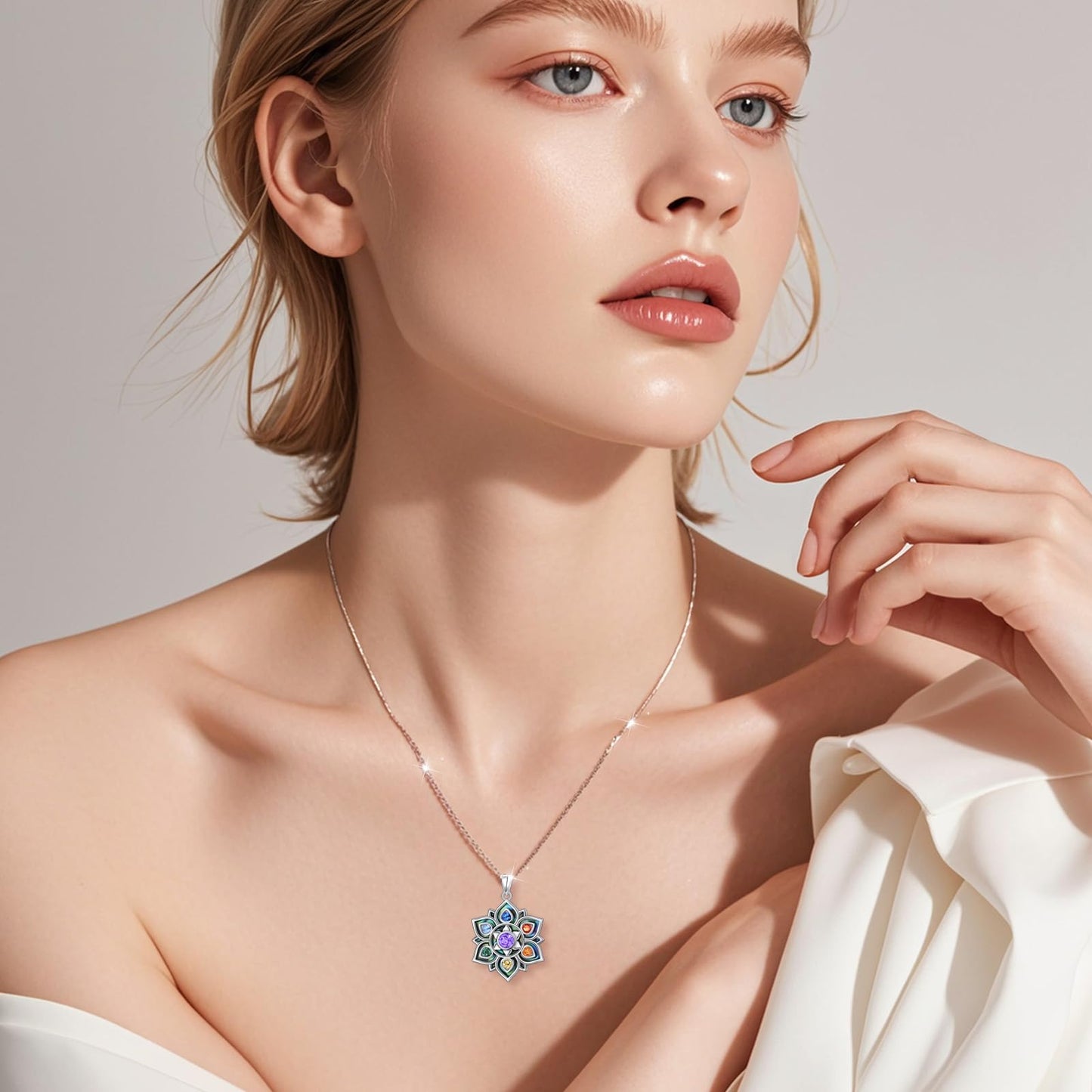 FLYOW 7 Chakra Necklace 925 Sterling Silver Lotus Flower Abalone Shell Yoga Energy Balance Pendant Spiritual Healing Jewelry Birthday Gifts for Anxiety Stress Relief Balancing Meditation