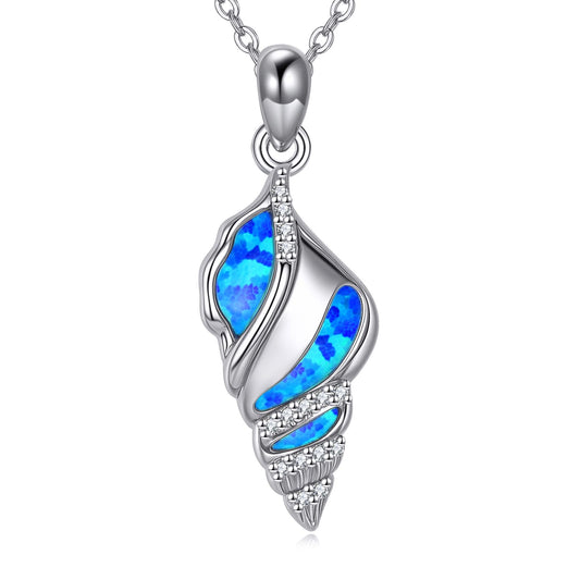 POPLYKE Conch Shell Necklace for Women 925 Sterling Silver Blue Opal Seashell Pendant Ocean Beach Jewelry Gift