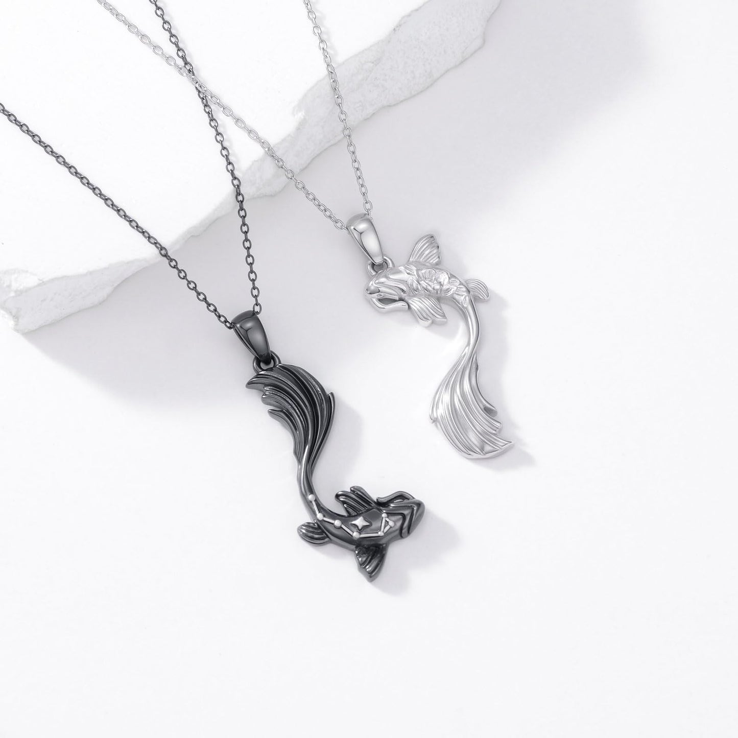 OHAYOO Koi Fish Necklace 925 Sterling Silver Couple Necklace with Koi Fish Pendant Koi Fish Jewelry for Couples Black and Silver