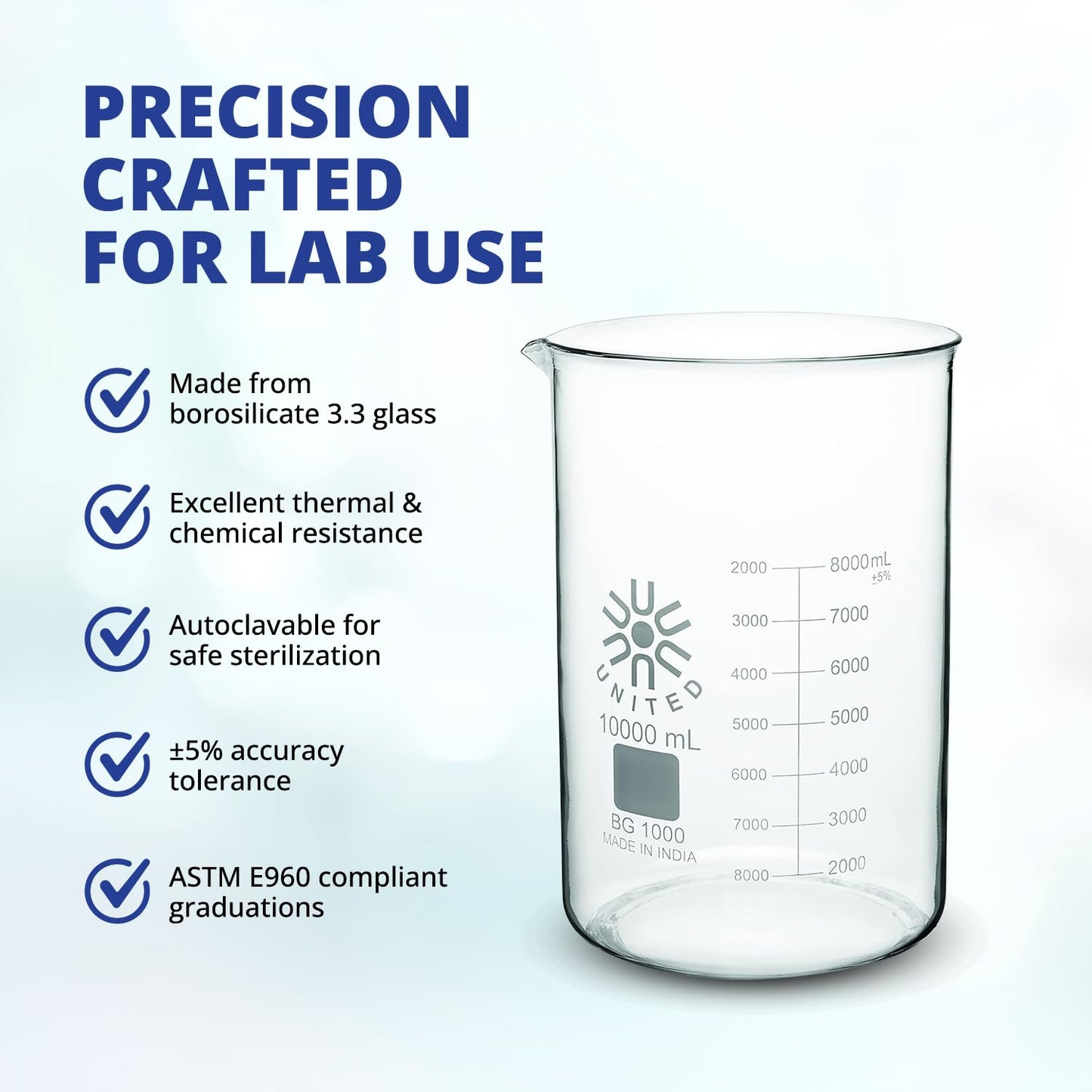 United Scientific™ Glass Beaker 5000mL, Low Form Griffin 3.3 Borosilicate, Double Scale Graduated Lab Beaker, ASTM-E960 Autoclavable Chemistry Glassware for Research, Educators, 1 Each