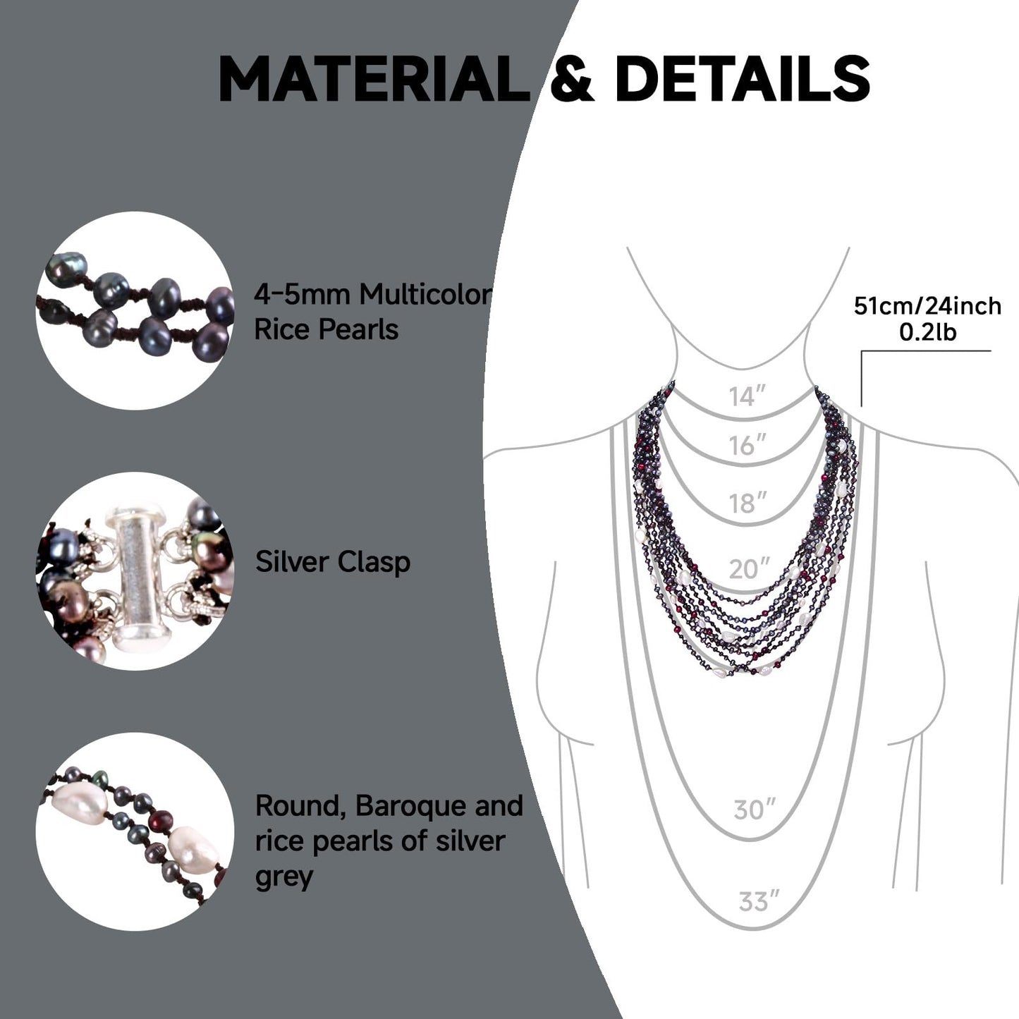 Elegant 24-inch Multicolor Pearl Necklace - Freshwater Pearl Necklace for Women Handcrafted Multi-Strand Rice Pearls with Sterling Silver Clasp Luxury Jewelry Gift