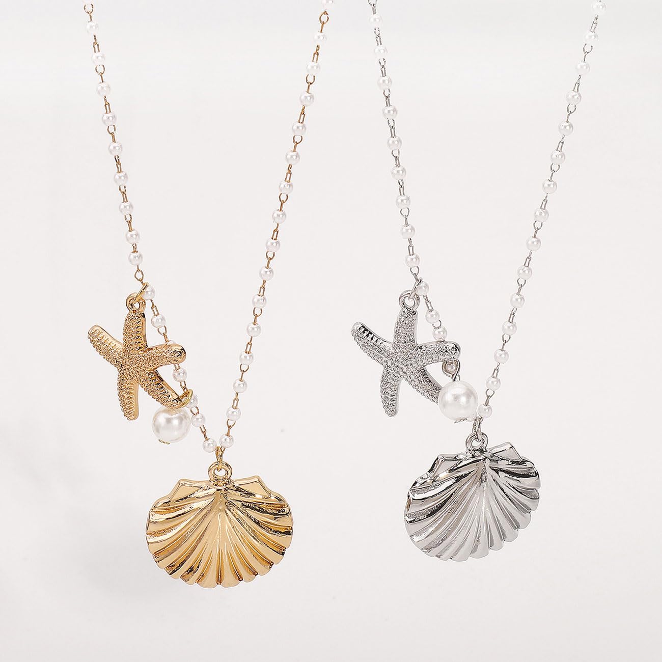 Gold Shell Necklace for Women Gold Seashell Starfish Pendant Necklace Shell Choker Pearl Beaded Chain Necklaces Summer Beach Jewelry (B Silver Style)
