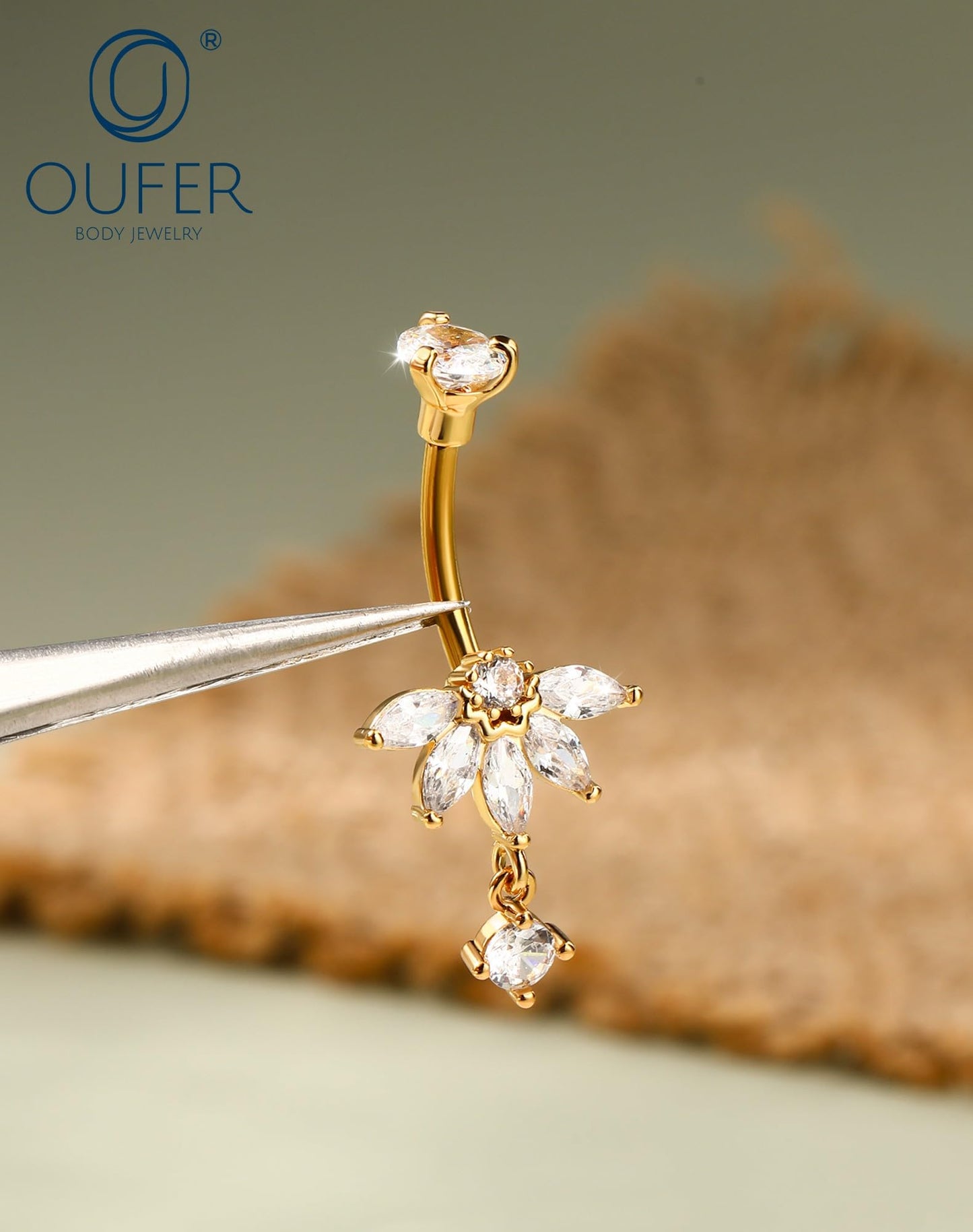 OUFER 3PCS Gold Dangle Belly Button Rings, 316L Surgical Steel Belly Rings for Women Dangling, 14G Flower Crystal Navel Piercing Jewelry, Clear CZ Curved Barbells