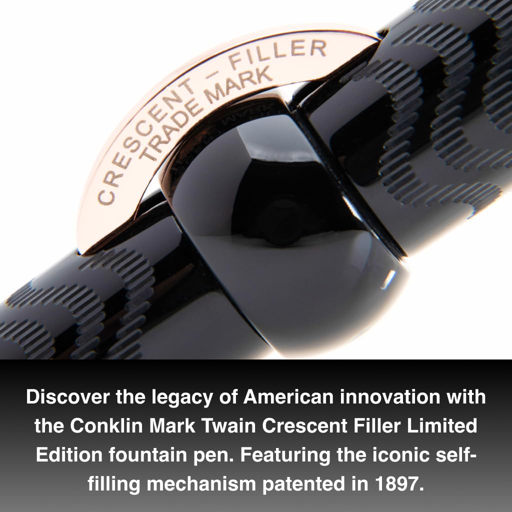 Conklin Mark Twain Crescent Filler Fountain Pen - Black Chase with 18 Karat Rose Gold Trim - Flex Nib