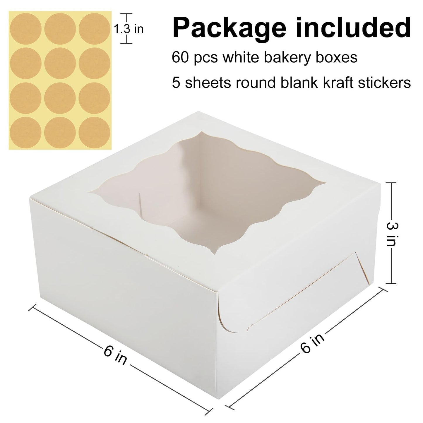 HawHawToys 60 Pcs Bakery Boxes with Window, 6 x 6 x 3 Inches, White Cookie & Pastry Boxes for Baked Goods