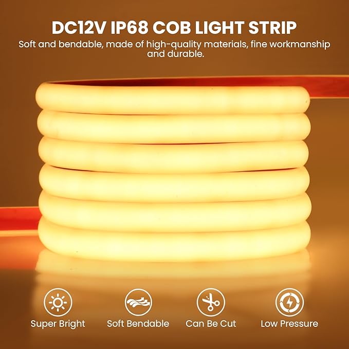 KISUFU COB LED Strip Light 12V Neon Light Strip 320Leds/M IP68 Waterproof Flexible LED Lights for Cabinet Engineering Home Outdoor DIY Lighting (Power Supply Not Included),2M,White