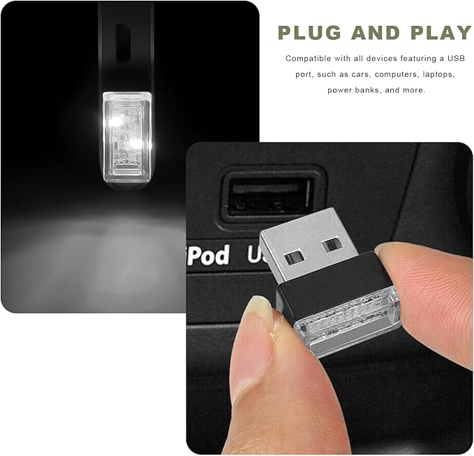 4 PCS USB LED Car Interior Atmosphere Lamp, Mini Night Light Plug-In Trunk Ambient Lighting Kit, Portable USB Interface LED Lamp Interior Decoration for Vehicle Home Office (White)