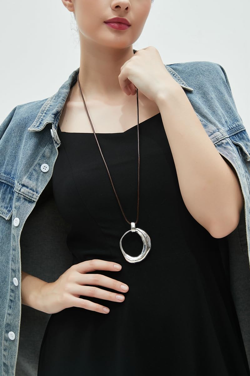 joymiao Boho Necklace for Women Silver Pendant Necklaces Chunky Circle Necklace Leather Cord Necklace Retro Style Jewelry