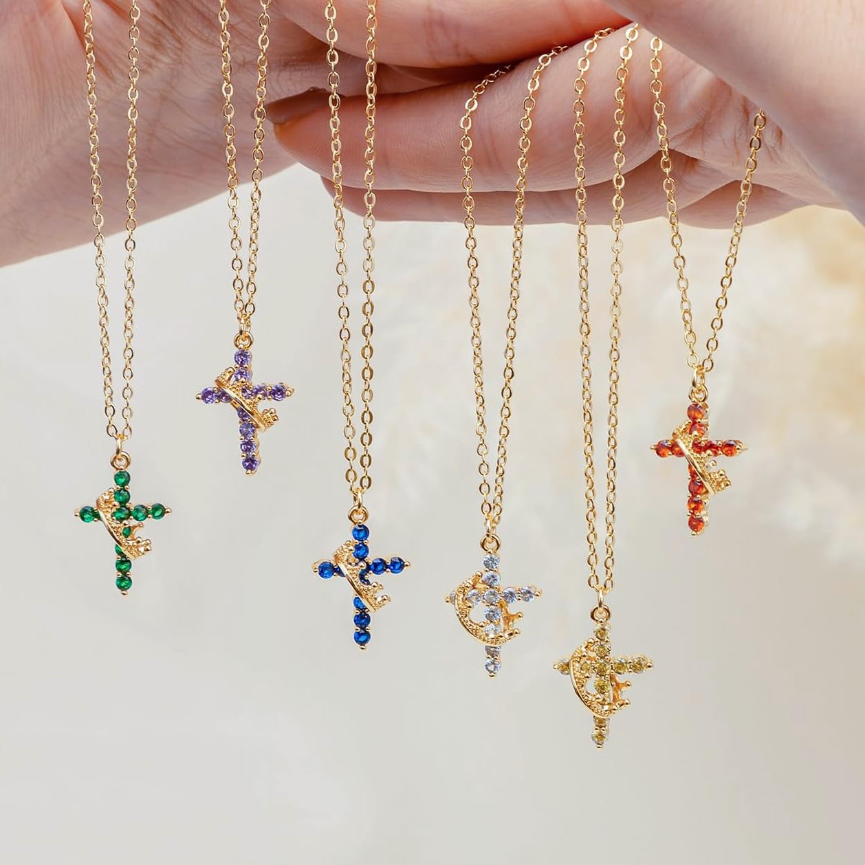 Robaice Birthstone Crown Cross Necklace for Women, Gold-Plated Christian Faith Necklace, Cross Jewelry Gift for Women, May Green Emerald Gift