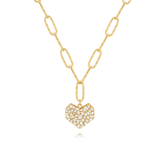 PEARLADA Statement Diamond Heart Necklace, Chunky 18k Gold Plated Paperclip Necklace for Women