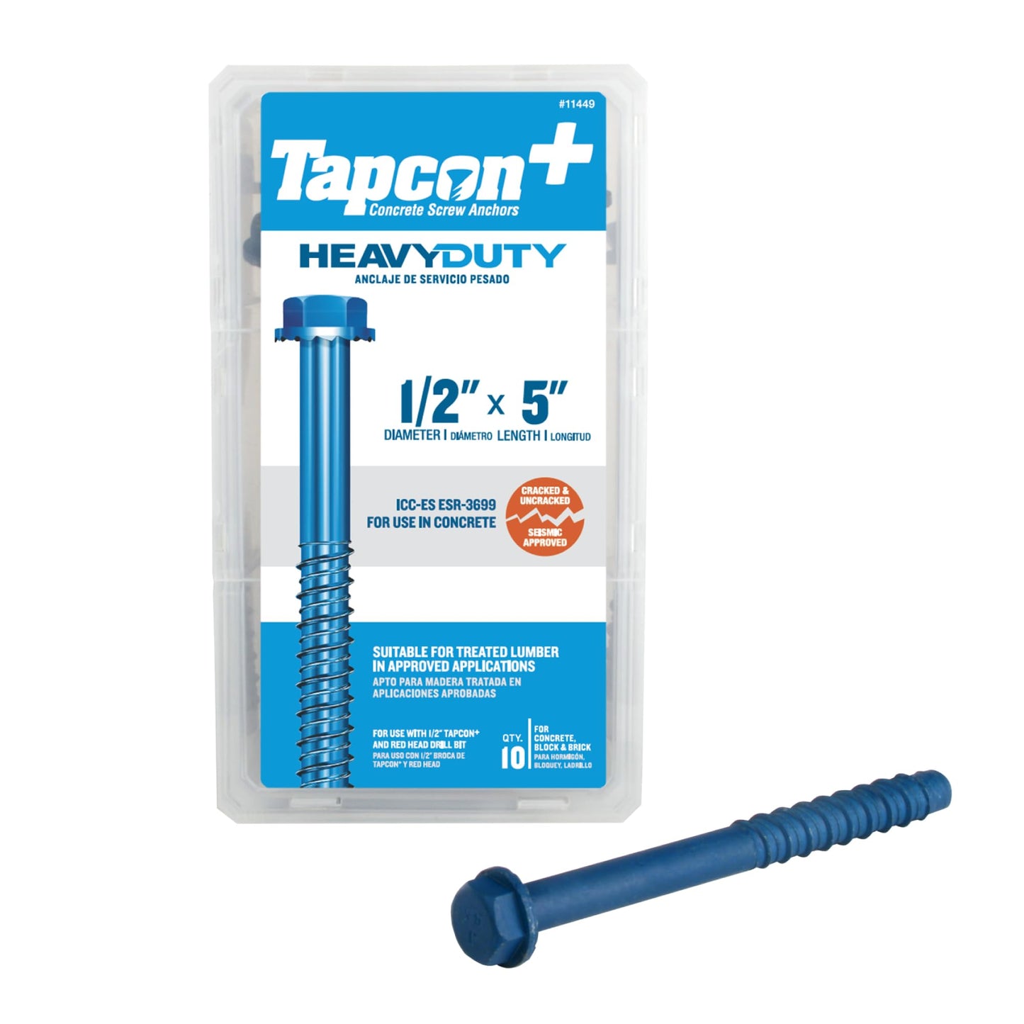 Tapcon+ 1/2 x 5 Inch Heavy-Duty Hex Head Concrete Anchors, 10 PCS, Corrosion Resistant Blue Climaseal™ Coating, Outdoor Rated Use, Concrete Block & Masonry Brick Screws, Drill Bit Sold Separately